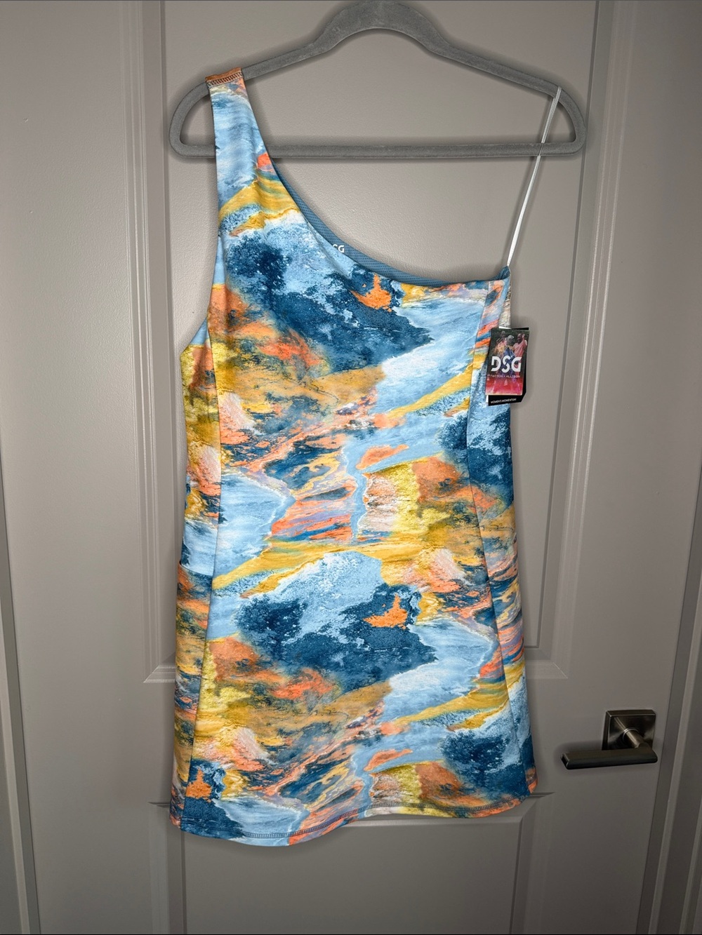 DSG One-Shoulder Abstract Marble-Print Mini Dress in Blue, Yellow & Orange